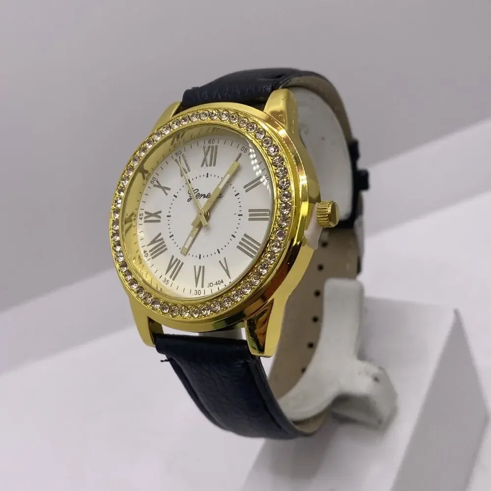 Geneva Gold Tone Rhinestone Black Leather Watch New Battery